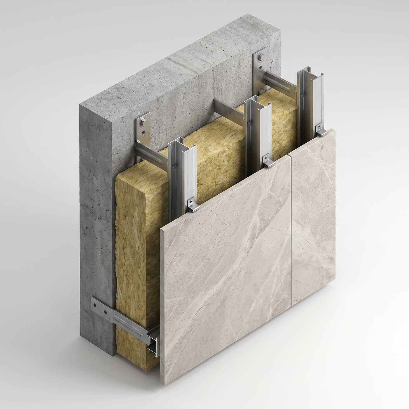 Sinterflex / porselen slab cephe montaj kesiti — ince panel, gizli klips, alüminyum taşıyıcı, taş yünü ve havalandırma boşluğu