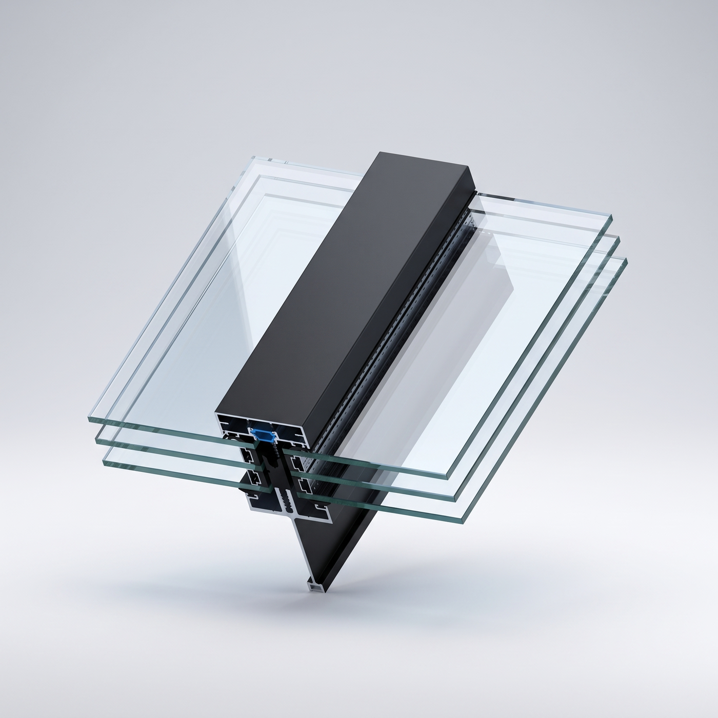 Skylight çatı camı kesiti — eğimli alüminyum taşıyıcı bar, çift yanda cam ve üst baskı kapağı